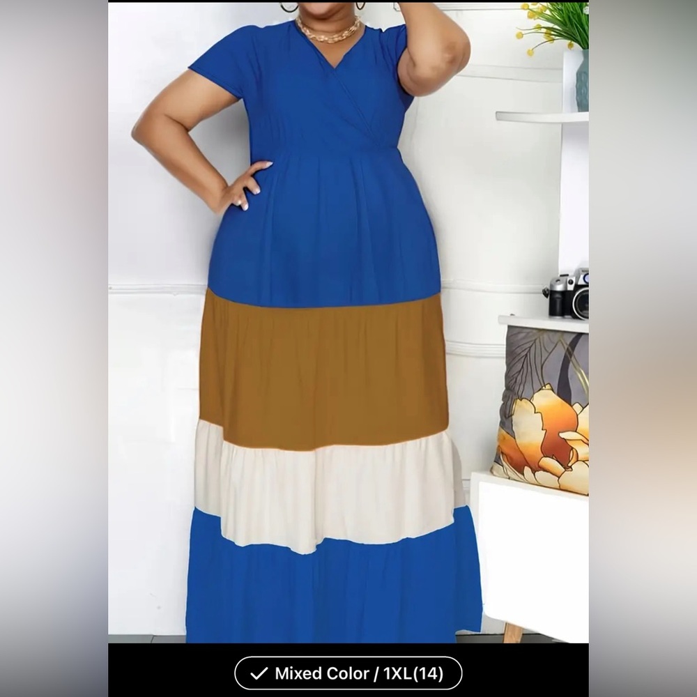 Plus Size Color Block Long Length Dress, Elegant Short Sleeve Surplice Neck